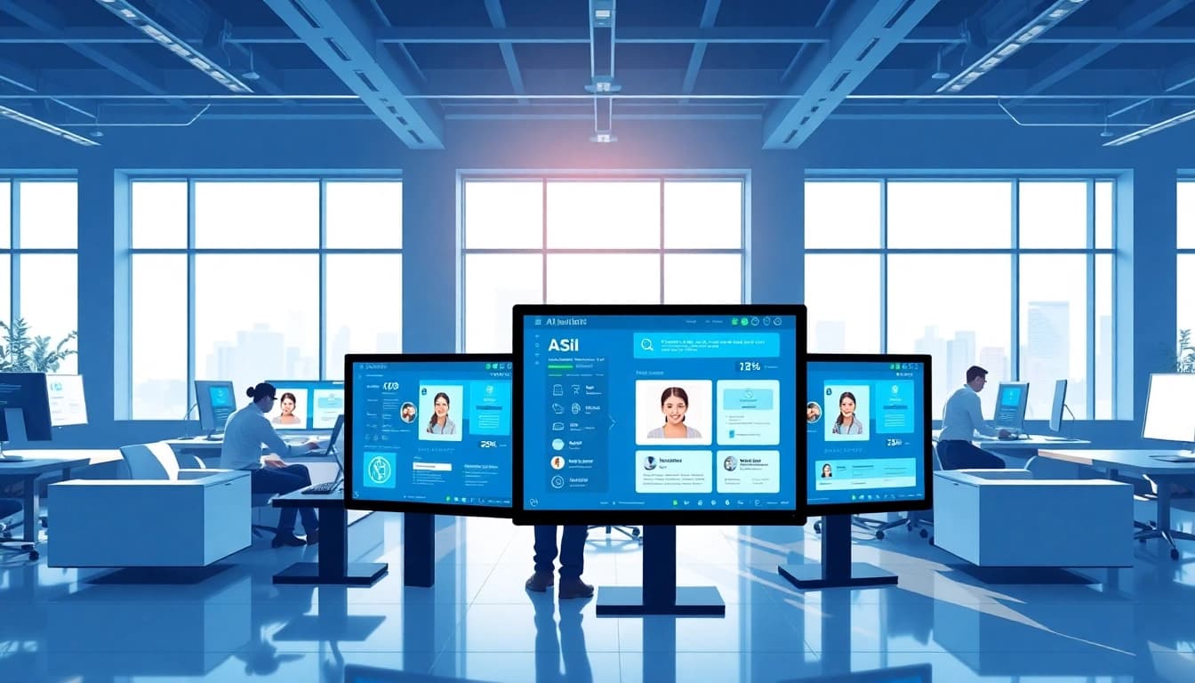 Interactive interface showcasing enterprise assistant software used by employees in a modern office.