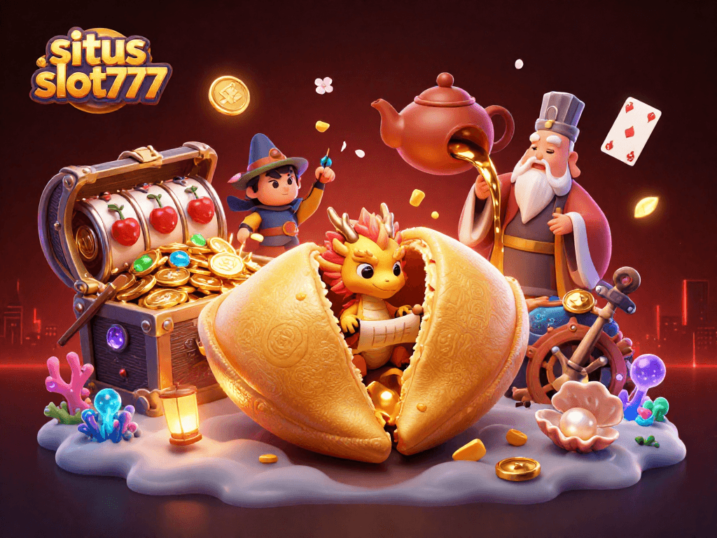Experience winning luck at situs slot777 with a vibrant casino scene featuring gold-filled treasures.