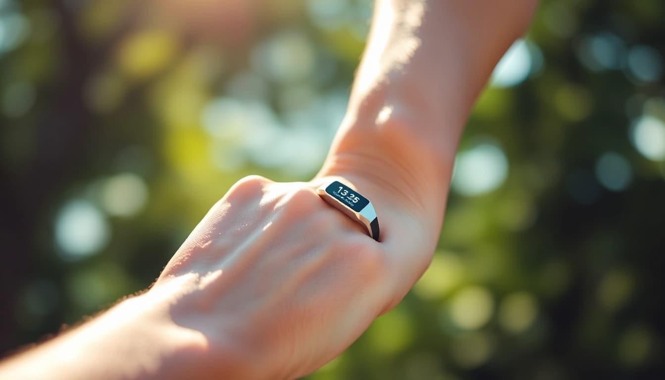 Showcasing a Smart Health Ring displaying vital metrics on a user's wrist.