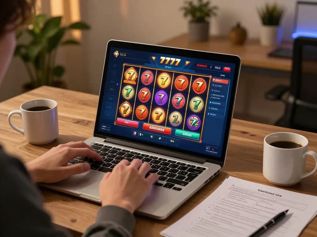 Engaging slot777 gameplay interface on a laptop, showcasing vibrant reels and strategic notes.