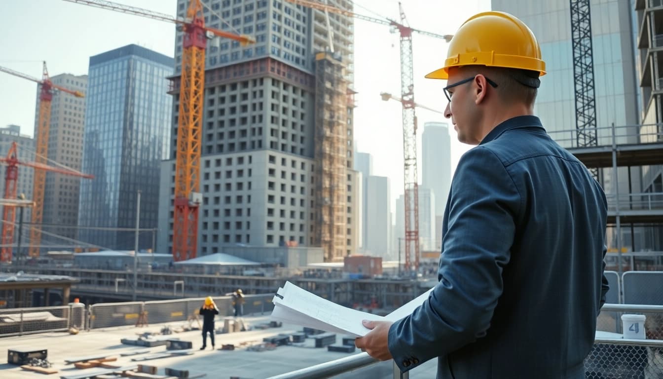 Manhattan Construction Manager supervising a vibrant construction site in a bustling urban setting.