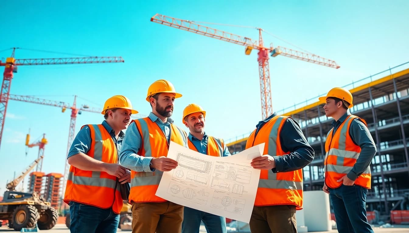Workers engaging in construction events at a bustling job site with blueprints and machinery.
