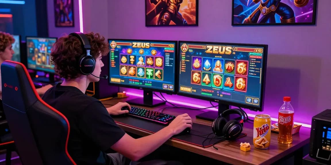 Exciting slot zeus gaming scene with player engaged in vibrant gameplay at modern desk setup.