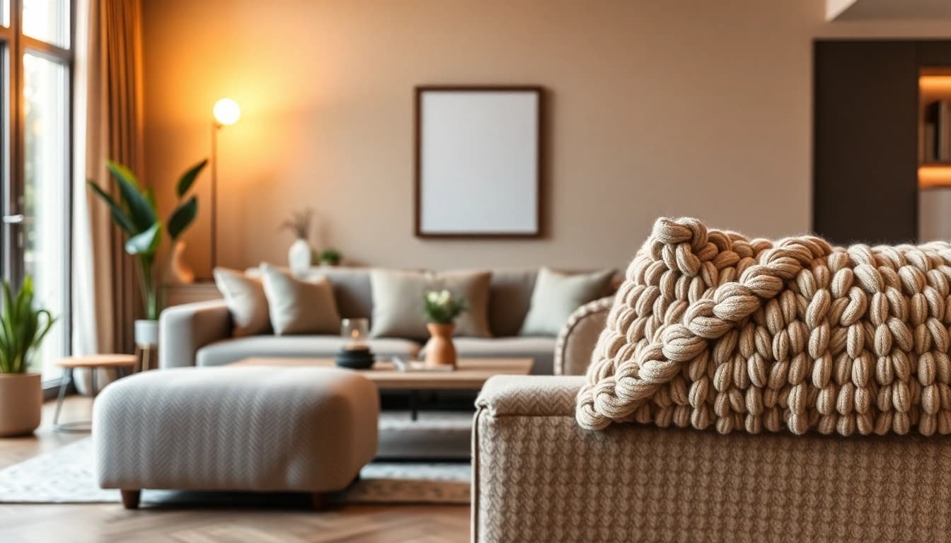 Een prachtig voorbeeld van bouclé stof in een stijlvolle woonkamer met luxe textuur.