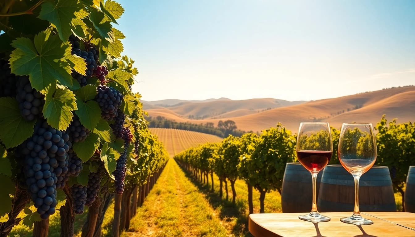 Experience the beauty of northern California wine country with lush grapevines and rolling hills.