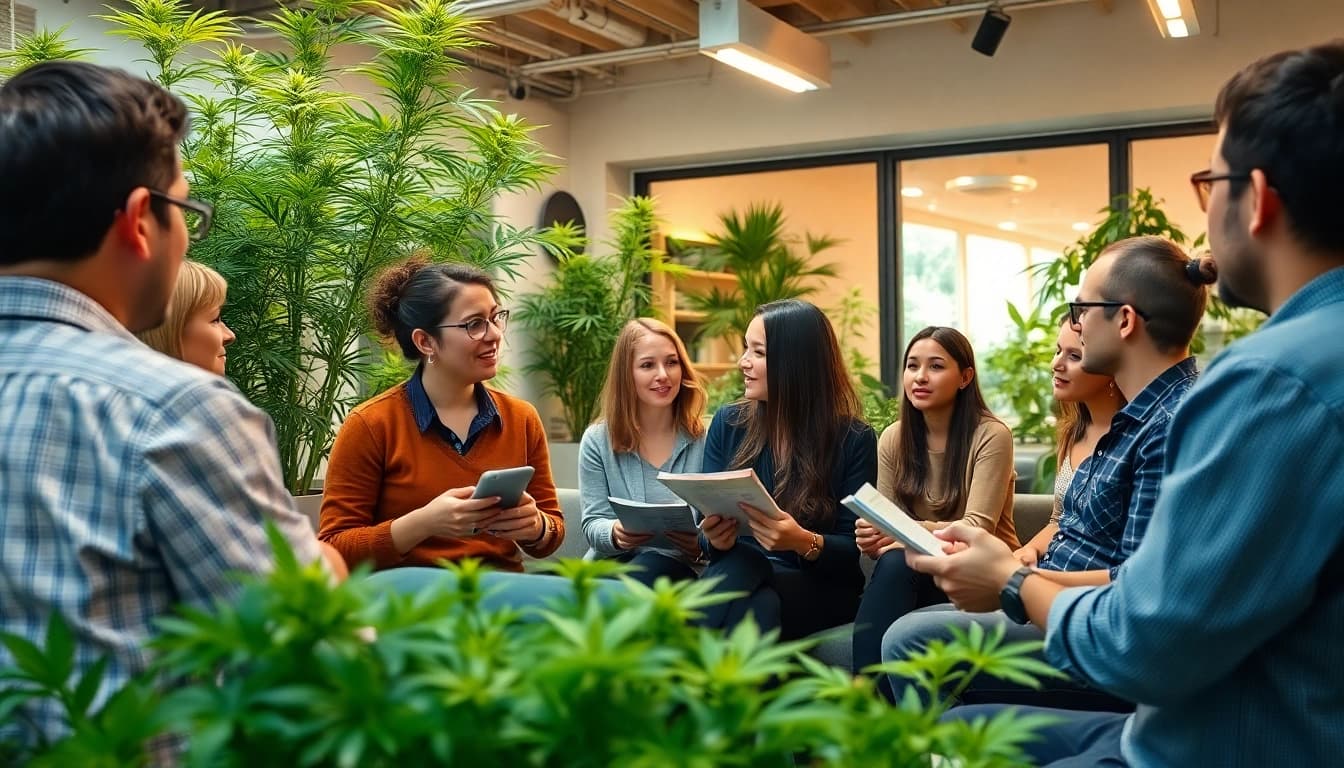 Die Blütenbande trifft sich in einer lebhaften Umgebung, um über Bio-Cannabis zu diskutieren.