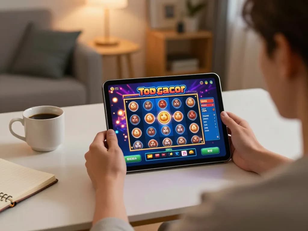 Engaging with toto slot gacor on tablet in a cozy home environment enhancing online gaming experience.