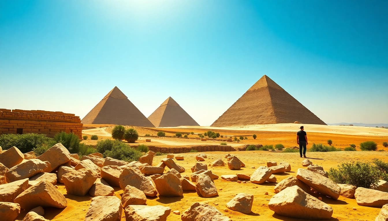 Discover piraminds captivating tourists against a backdrop of the majestic Giza landscape.