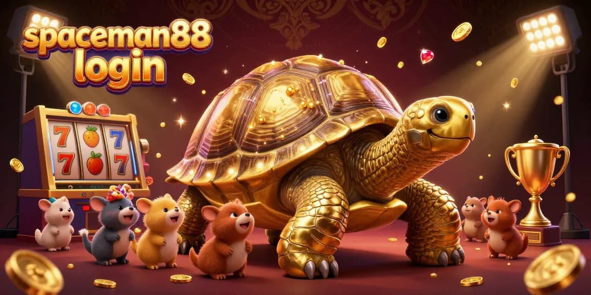 Experience exciting wins at spaceman88 login with this vibrant gaming scene featuring a colossal golden tortoise as a dynamic slot machine.