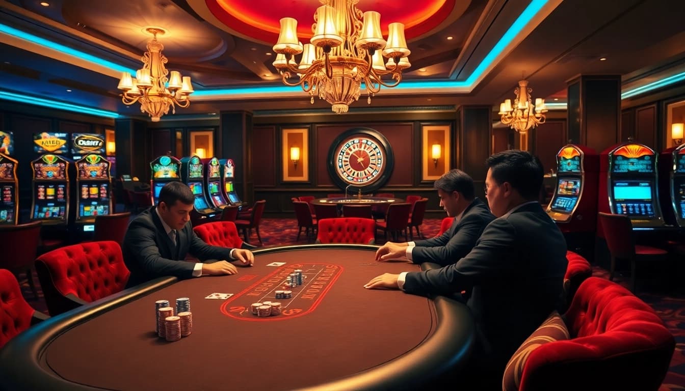 Des joueurs engagés profitent de leur jeu à une table de poker élégante de Meilleur Casino en Ligne.