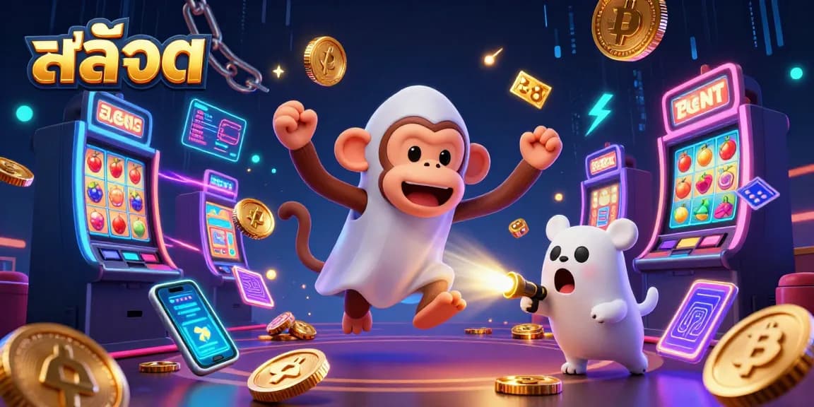 Spin สล็อต reels and win big as a poltergeist monkey juggles golden symbols in a vibrant casino.