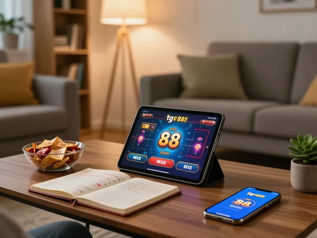 Engaging in tg 88 online gaming with a tablet, cozy home atmosphere, effective bankroll management.
