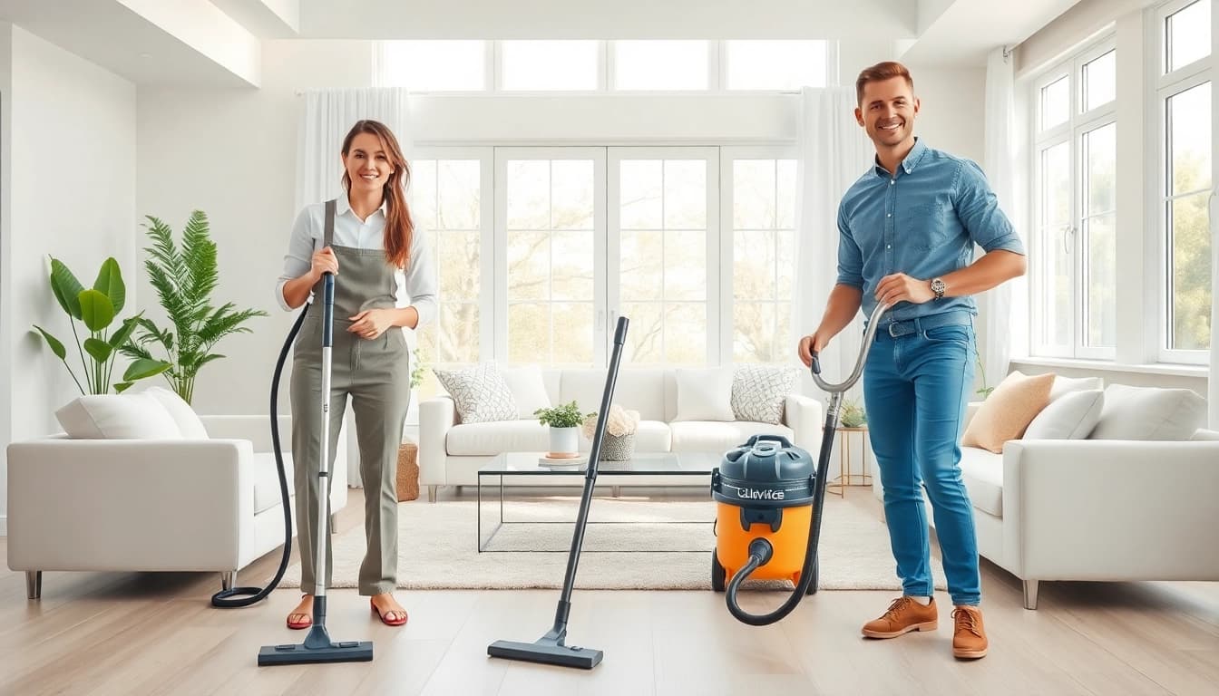 Cleaning services near me team working in a bright living room, ensuring a spotless and welcoming environment.