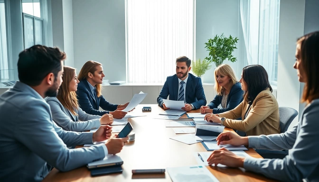 Soparfi consultation scene with diverse investors discussing financial strategies in a modern office.