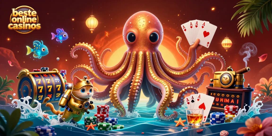 Engage in immersive experiences at beste online casinos with a stunning 3D kraken, diving cat, and game elements.