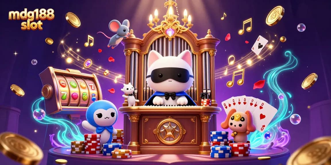 Spin the reels at mdg188 slot with a vibrant 3D casino illustration showcasing luck and excitement.