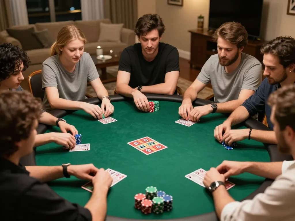 nhà cái 388bet players strategizing over poker hands in a cozy home setting
