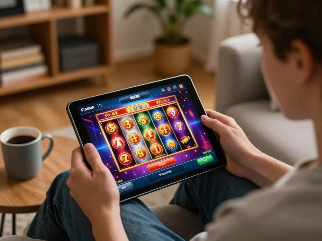 Person enjoying online casino gaming on the tablet, showcasing Nhà cái MM88 slots action in a cozy room.