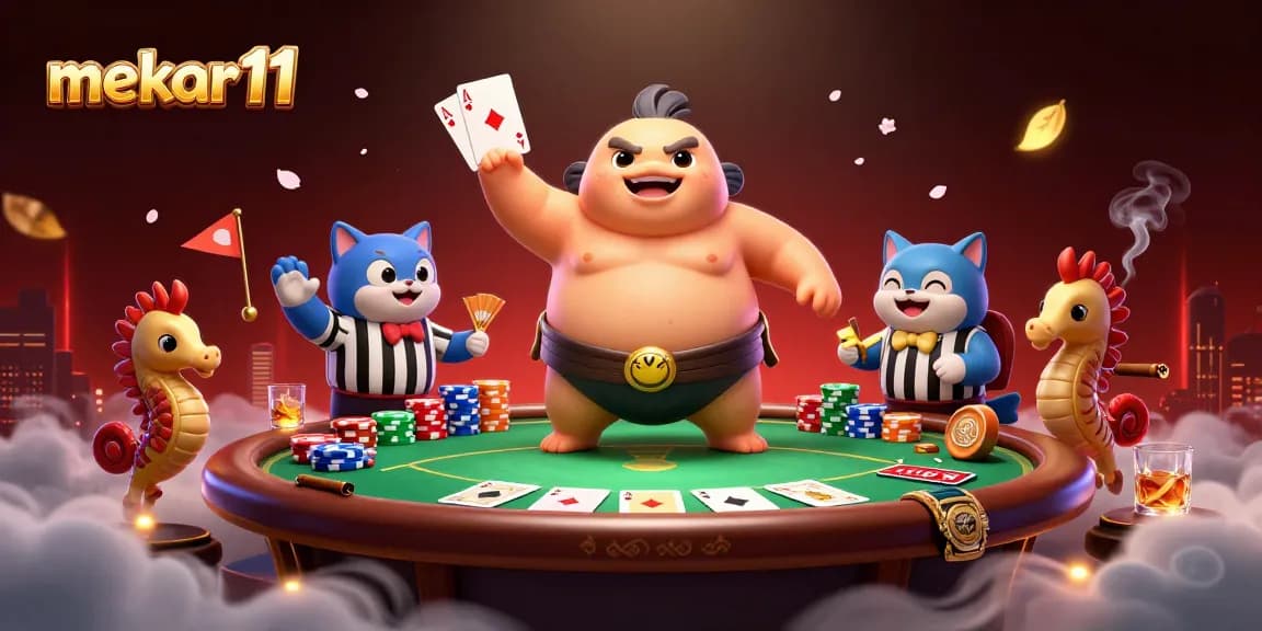 Engage in high-stakes poker at mekar11 with a dynamic undersea showdown featuring a fugu and whimsical spectators.