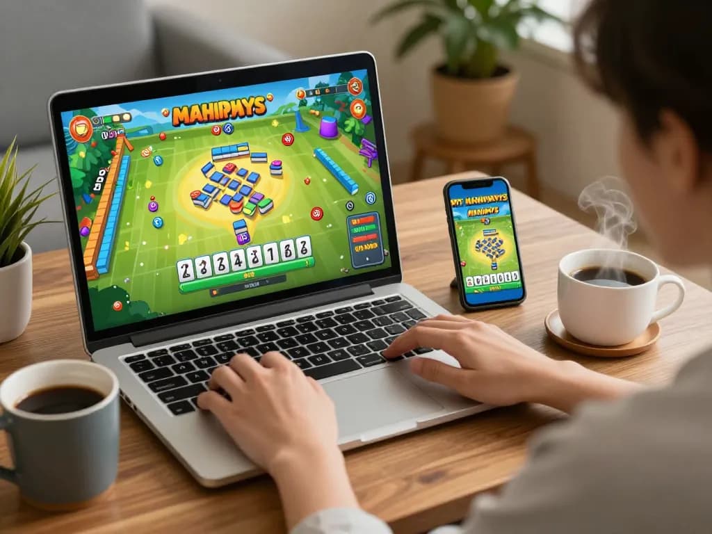 Playing Mahjong Ways on a laptop at home, showcasing online strategy and engagement in gaming
