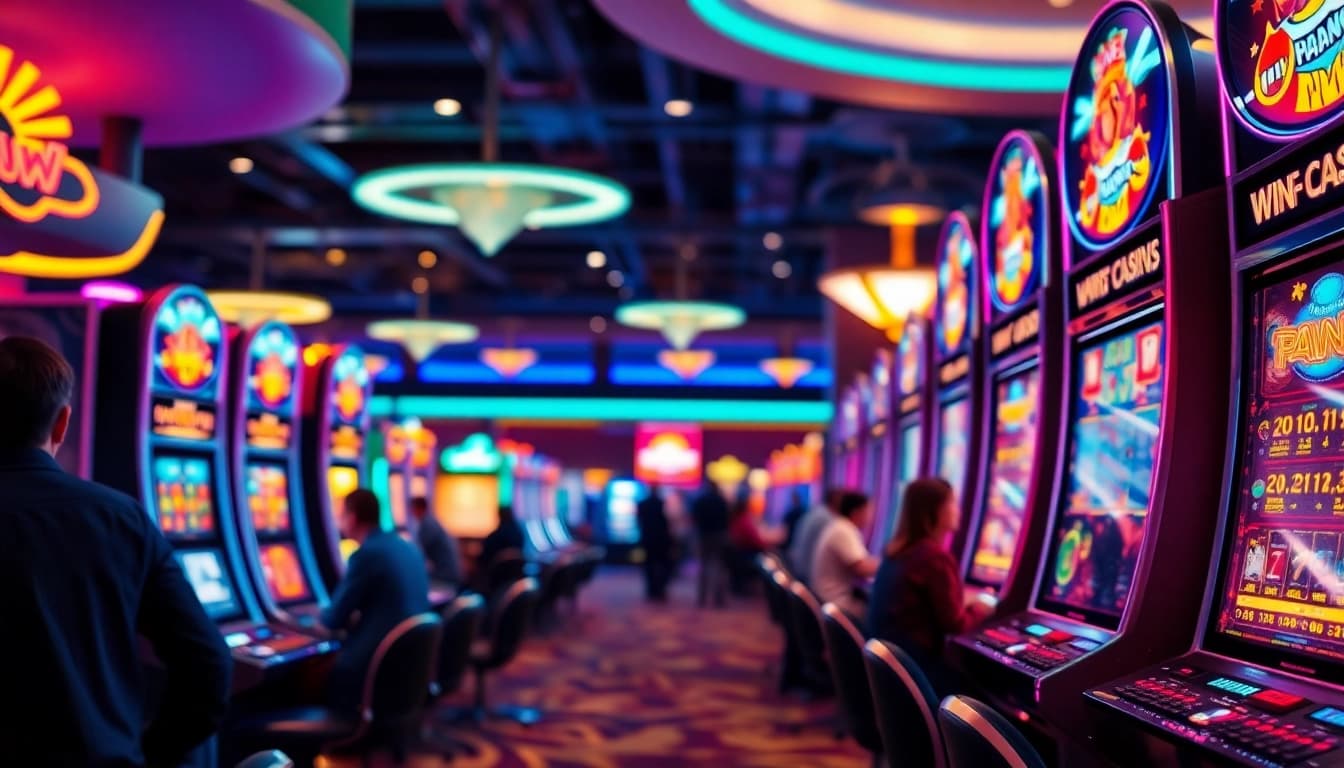 Menampilkan situs slot terpercaya dengan pemain beraksi di mesin slot yang cerah.