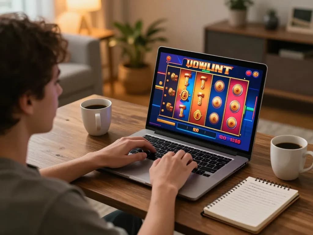 Engaging in judi slot gaming on a laptop at home with a cozy setup and betting strategies.