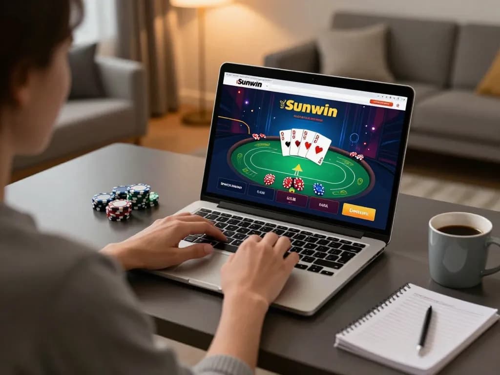 Play online poker at Sunwin, with a player engaged on their laptop in a cozy home setup.