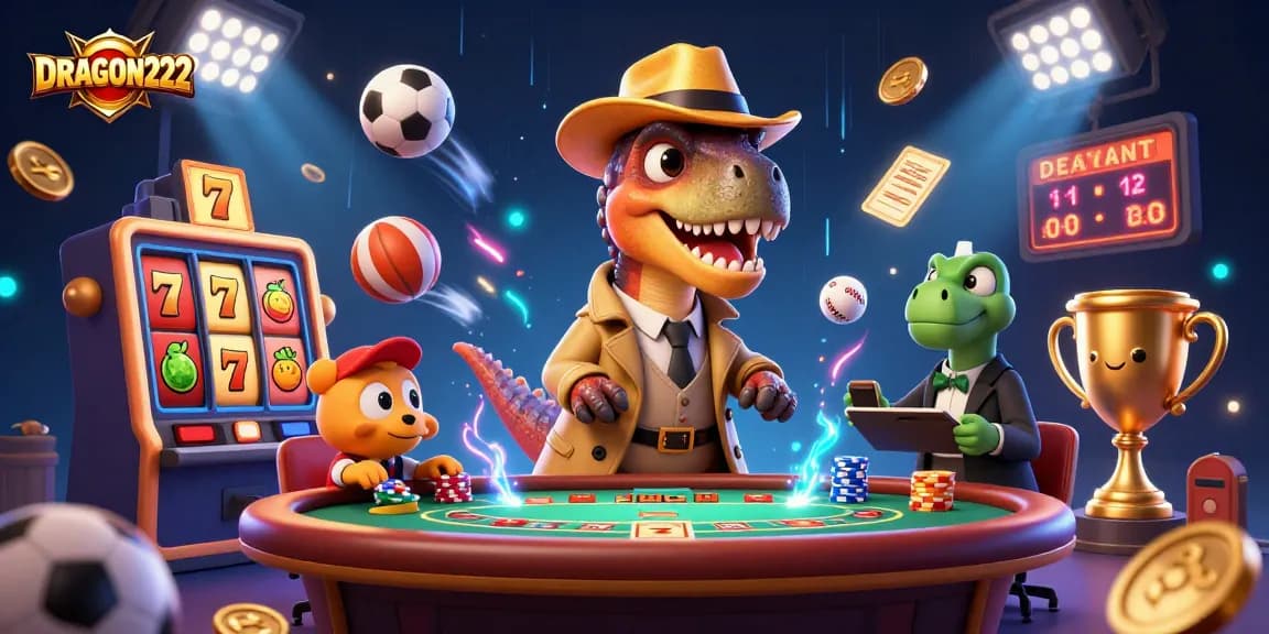 Watch as DRAGON222's velociraptor card counter cleverly blends in at the blackjack table amid flowing sports elements and casino excitement.