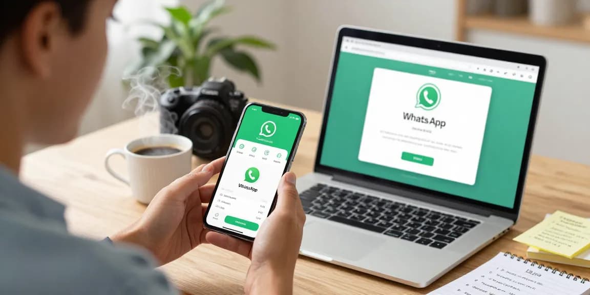 WhatsApp下載 on a smartphone in a cozy setting, showcasing vibrant app features with natural light.