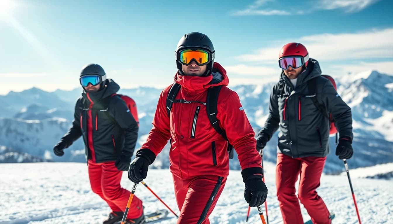 Stylish skiers in high end ski wear enjoy a mountain slope adventure.