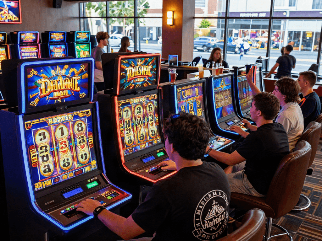 Exciting slot kamboja gaming scene with players enjoying vibrant reels and lively ambiance.