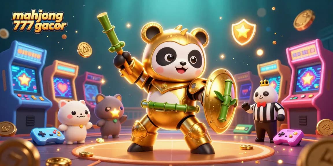 Engage with mahjong 777 gacor in a vibrant 3D casino scene featuring a golden panda mech-suit.