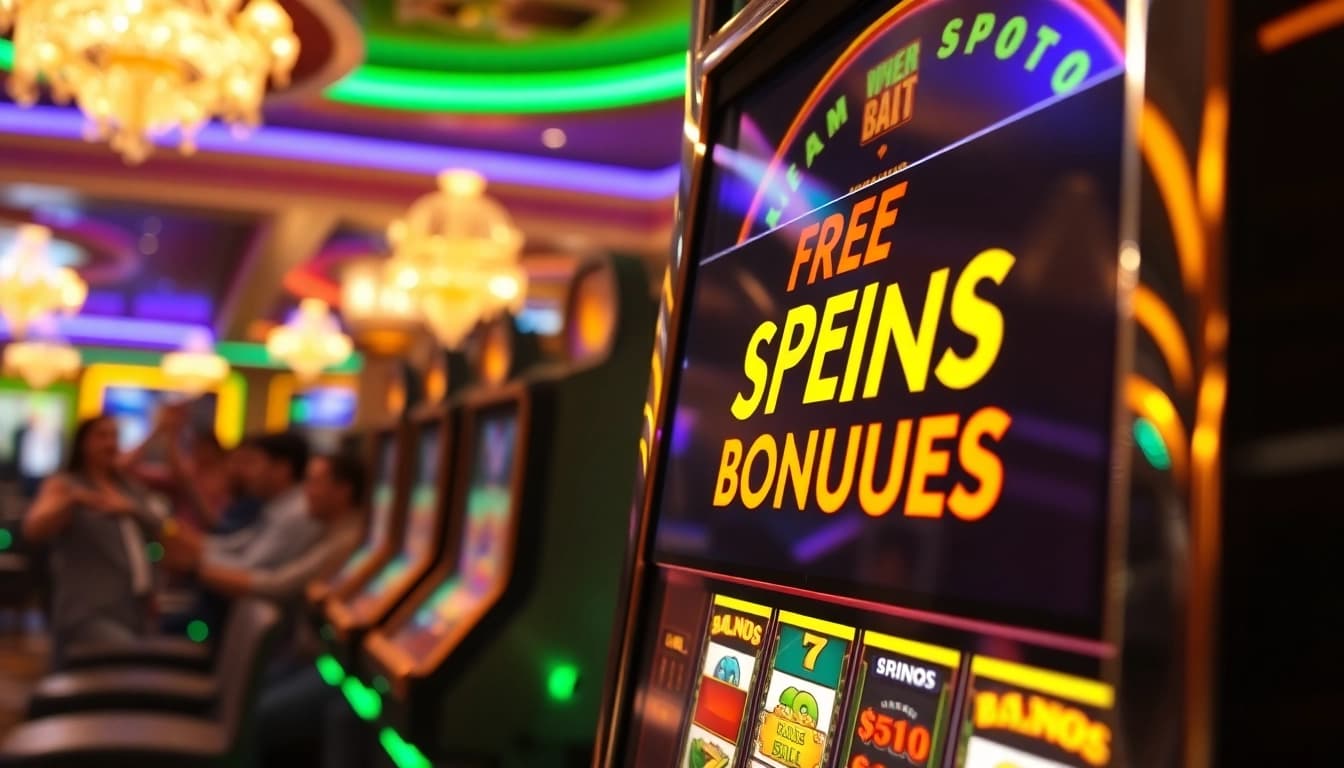 Celebrate big wins with exciting free spins bonuses displayed on a lively casino slot machine.
