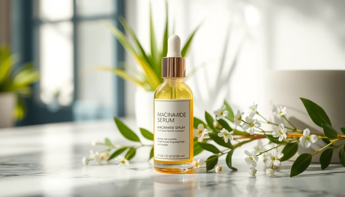 Flaska med niacinamid-serum bland växter och blommor, som framhäver lyx och hudvård.