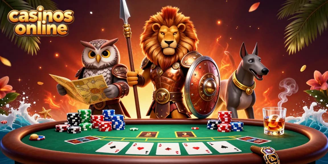 Ilustración vibrante que muestra los mejores casinos online, con un león espartano y elementos de juego en acción.