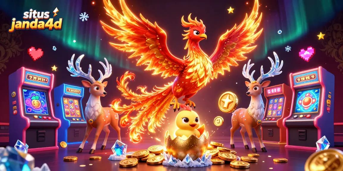 Permainan situs janda4d yang menarik, menampilkan phoenix berapi, mesin slot, dan antelop kristal.