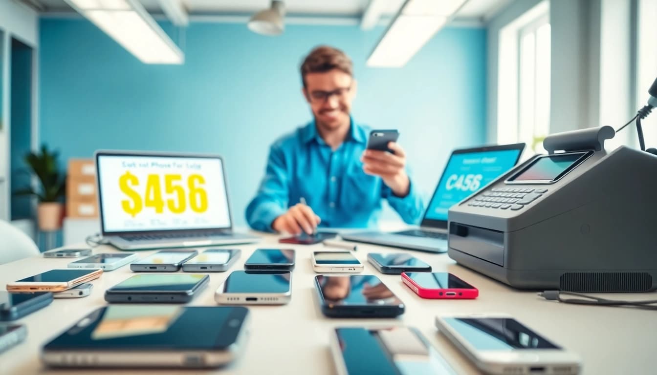 Evaluate cash for used phones with a skilled technician and displayed devices on a modern desk.