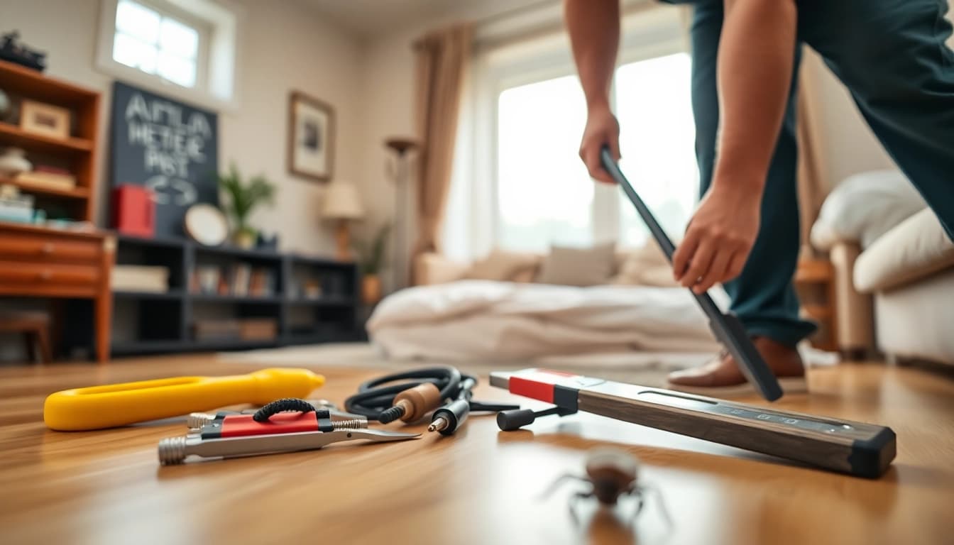 Bed bug exterminator waukesha assessing a home for pests with professional tools and bright lighting.