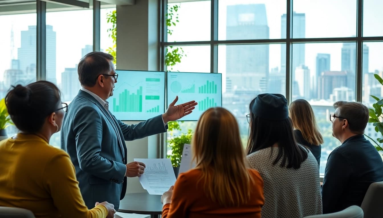 Engaged environmental lawyer discussing legal strategies with clients in a bright office setting.