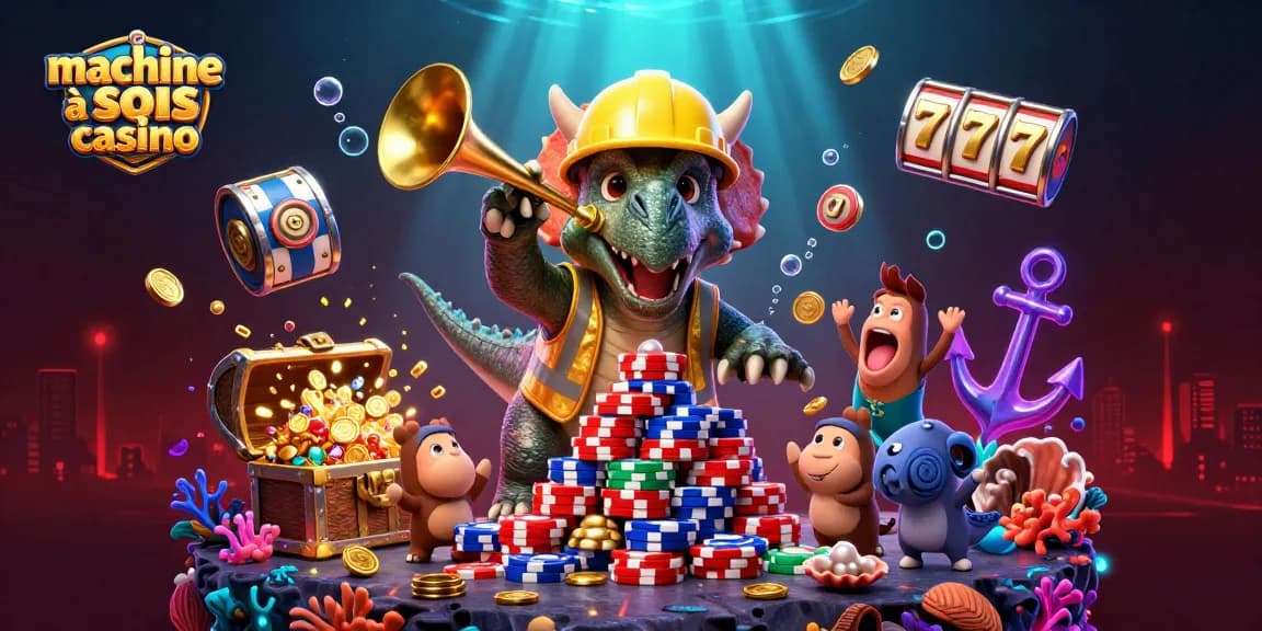Jouez à la machine à sous casino avec une illustration dynamique de dinosaures et des éléments festifs sous-marins.