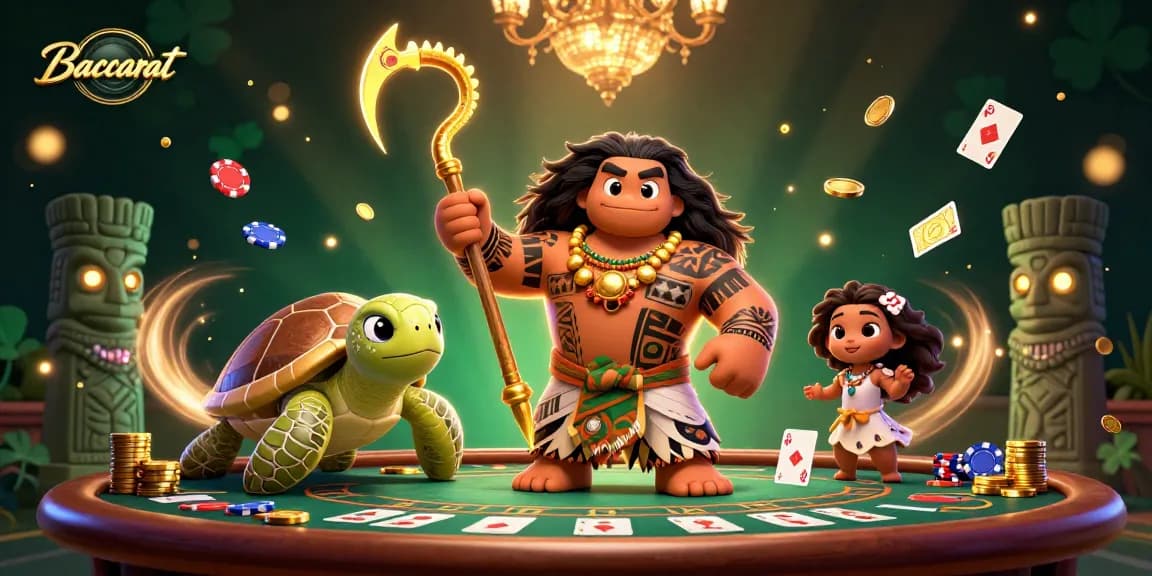 Baccarat table themed illustration featuring a Maui demigod and turtle, surrounded by cards and chips.