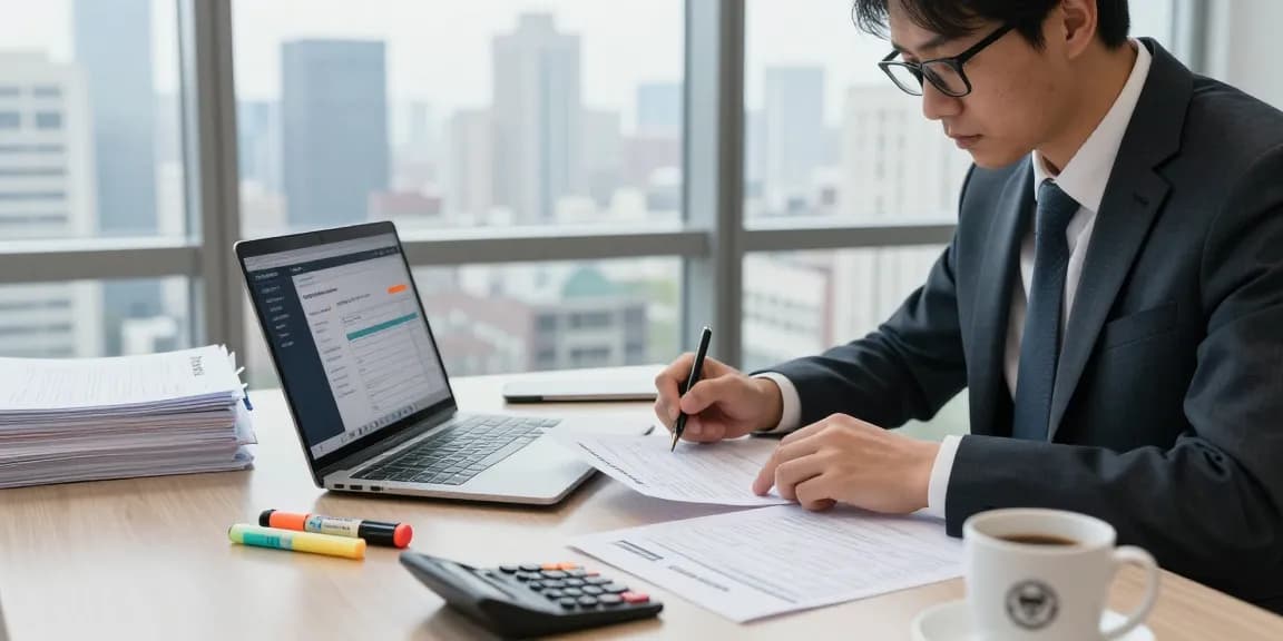 Accountant detecting fraud invoice using advanced software in a professional office.
