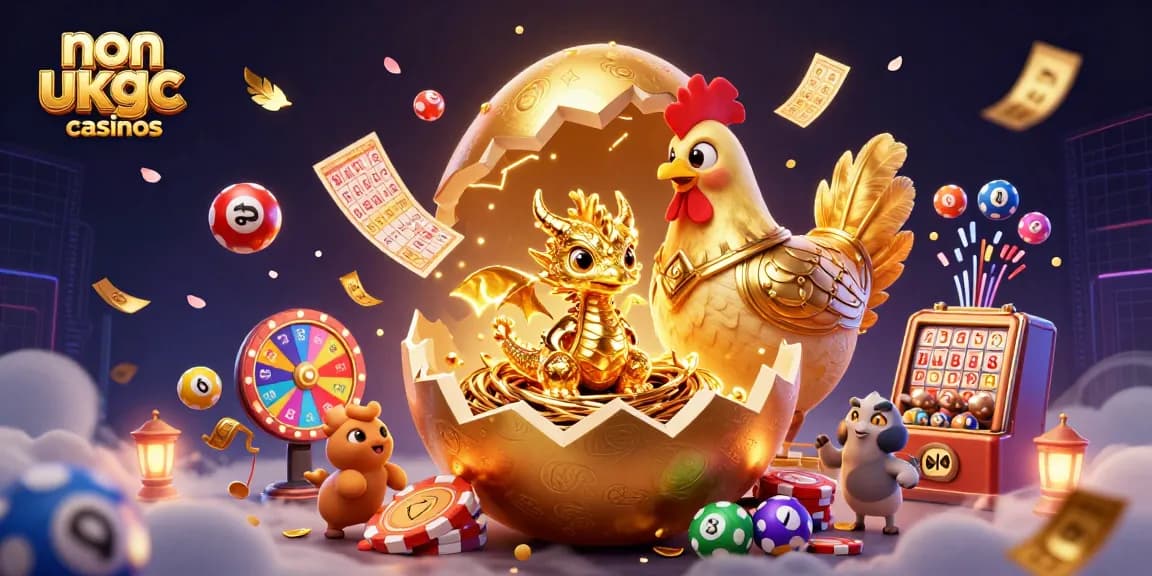 Experience the excitement of non ukgc casinos with this dynamic 3D illustration featuring a golden dragon and casino elements.