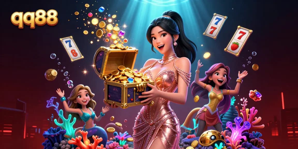 Experience thrilling jackpots with qq88's exciting 3D illustration of treasure and slot games.