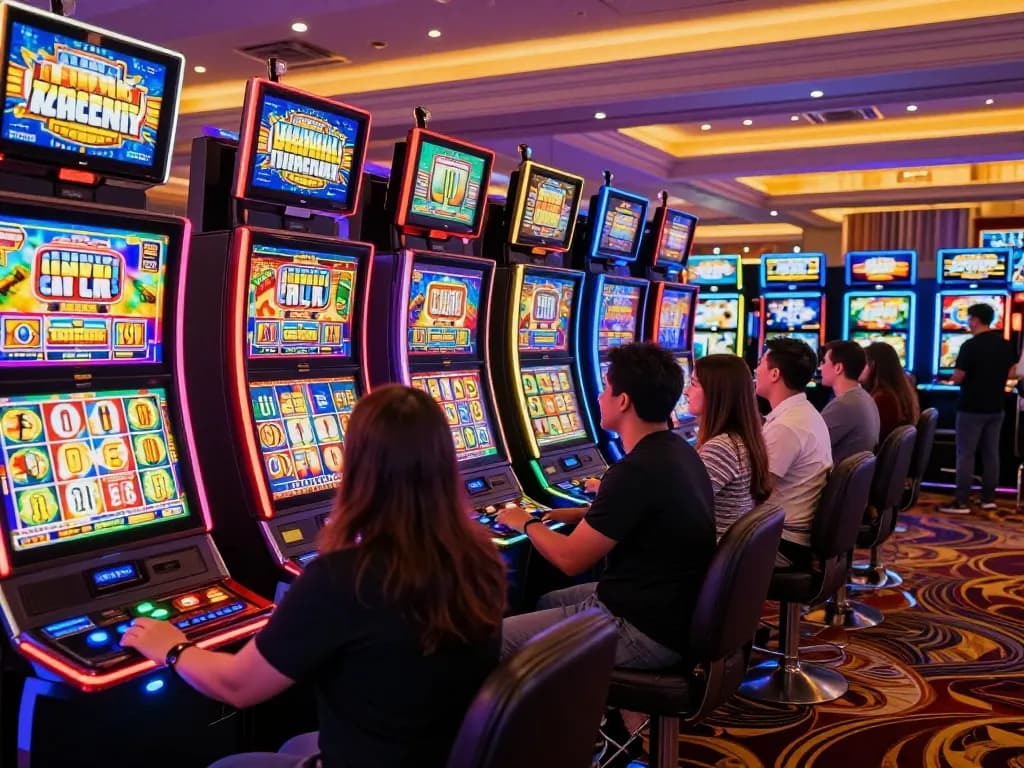 Players engaging with slot 777 machines in vibrant casino, showcasing excitement and gaming thrill.