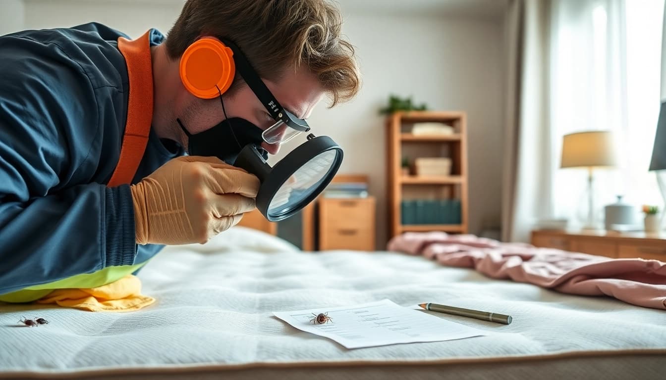 Technician performing bed bug control inspection on mattress to ensure effective treatment.
