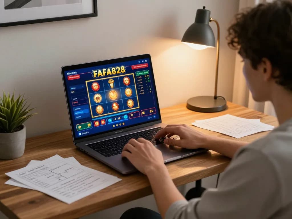 FAFA828 online gaming experience with user engaging in slot play and strategy notes.
