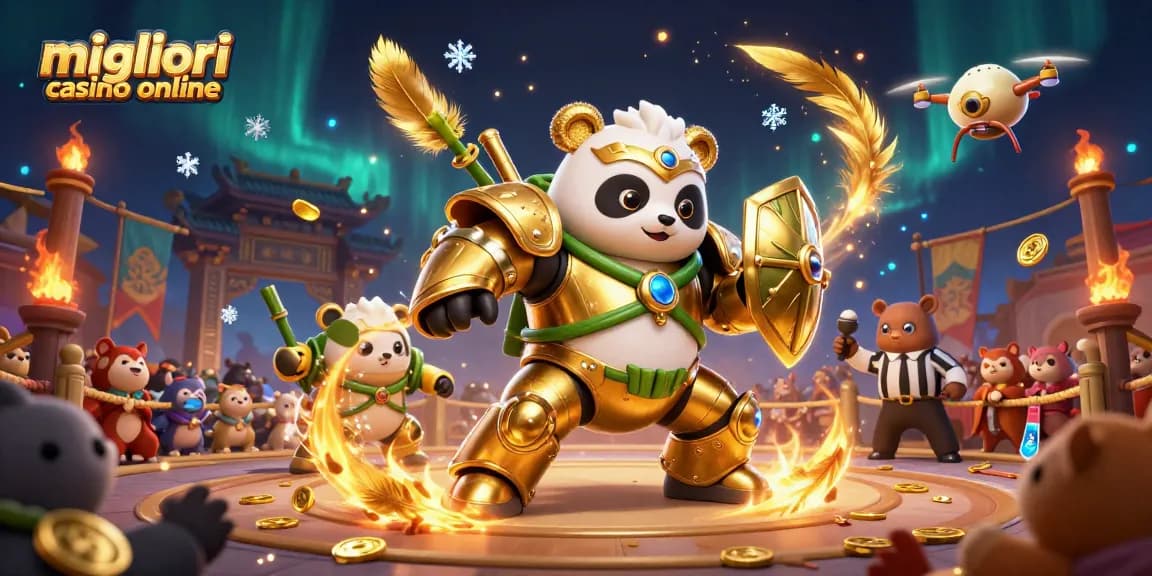 I migliori casino online presentano l'energia di un panda dorato pilotando un robot di bambù in un'arena affollata.