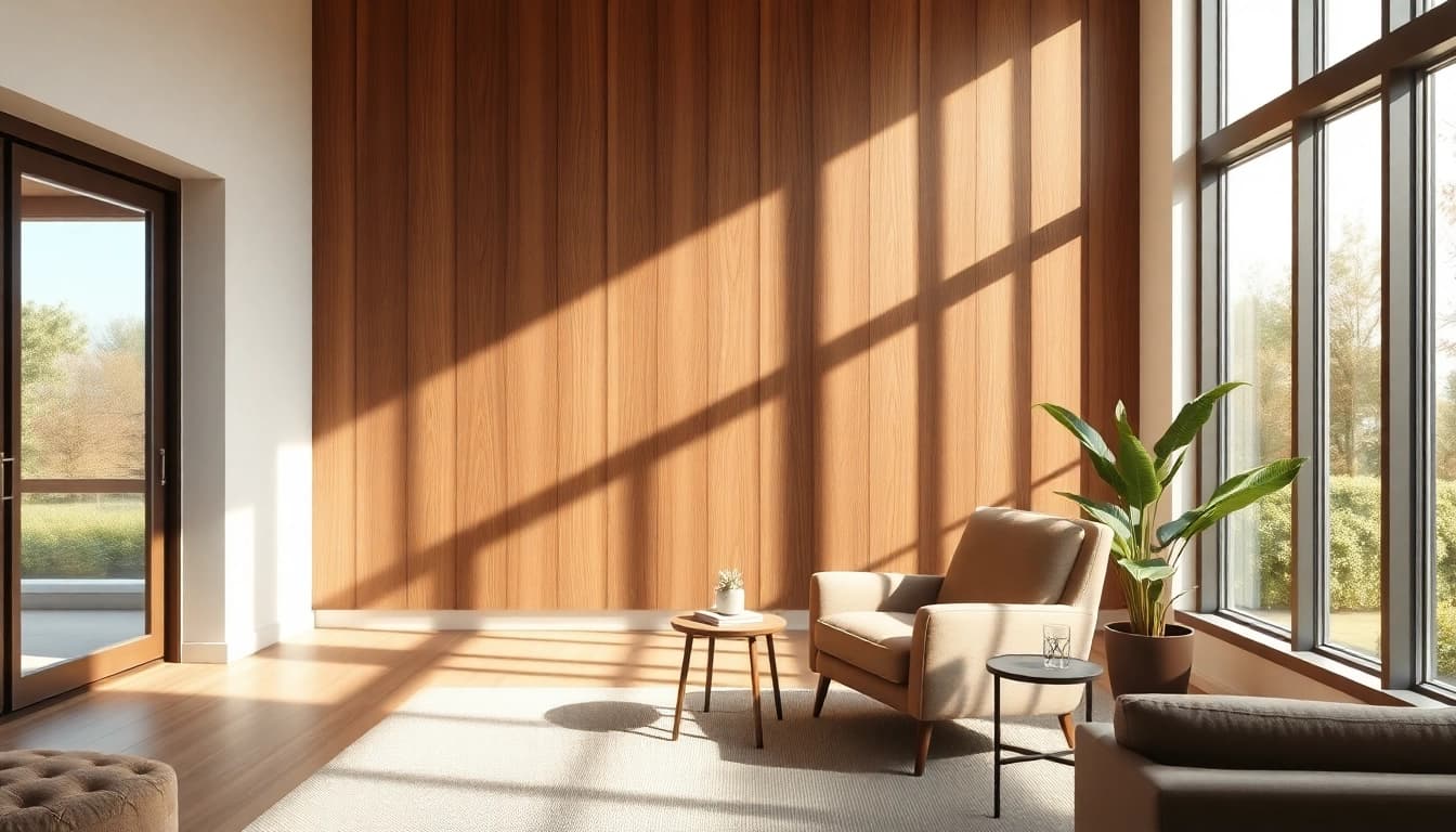 Elegant living room featuring a wood panel accent wall that adds warmth and charm.