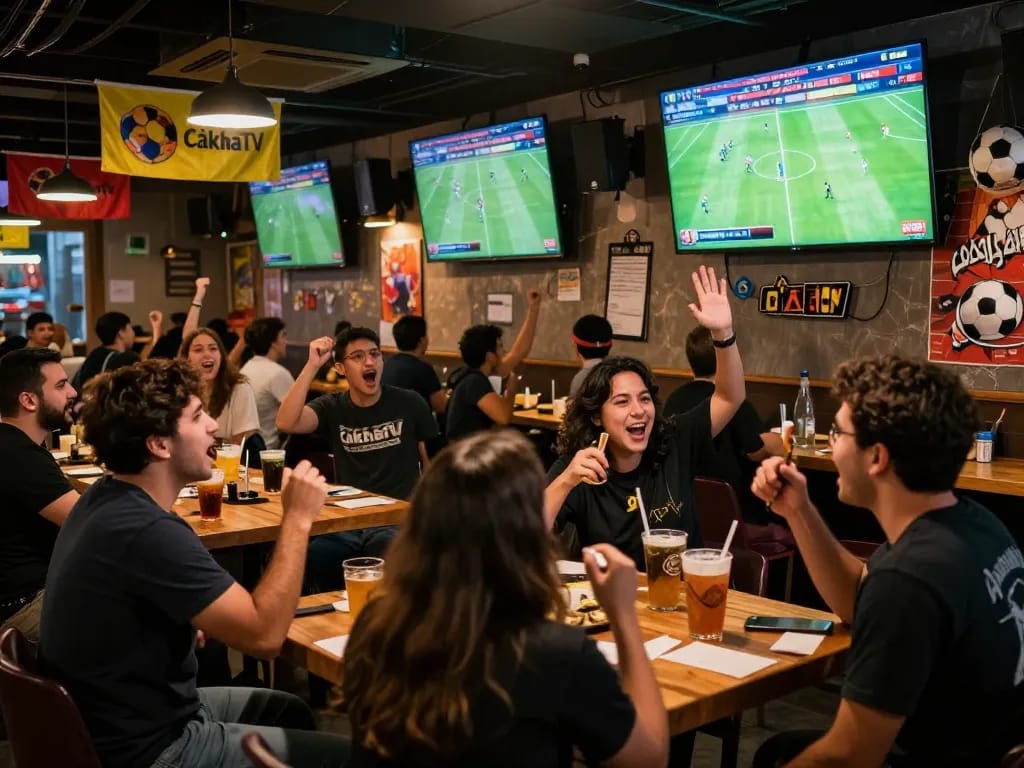 CàkhịaTV brings football action to life in a packed sports bar, with enthusiastic fans enjoying live matches.